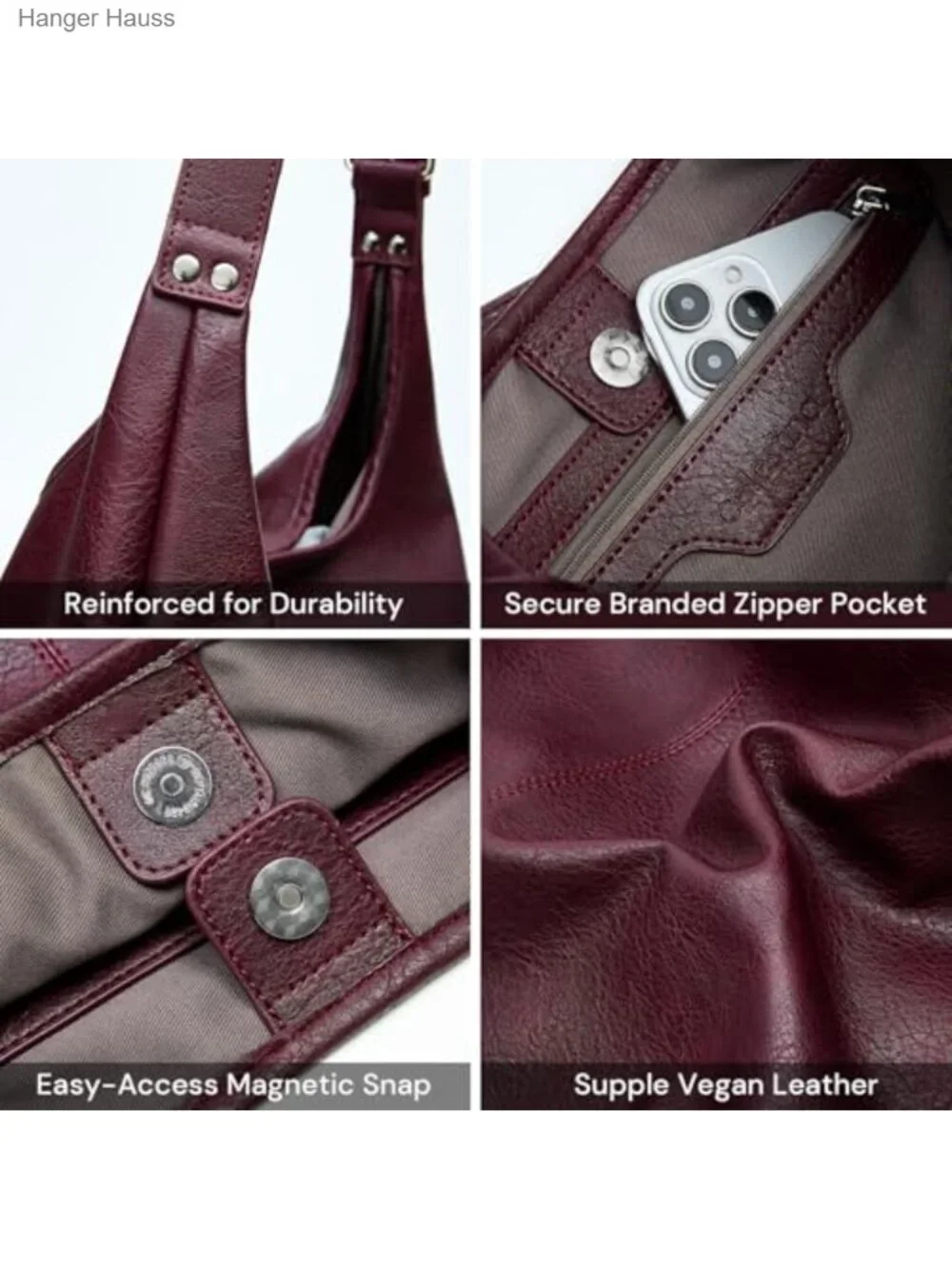 Vegan Leather Slouchy Hobo Shoulder Tote with Matching Pouch Laptop Bag
